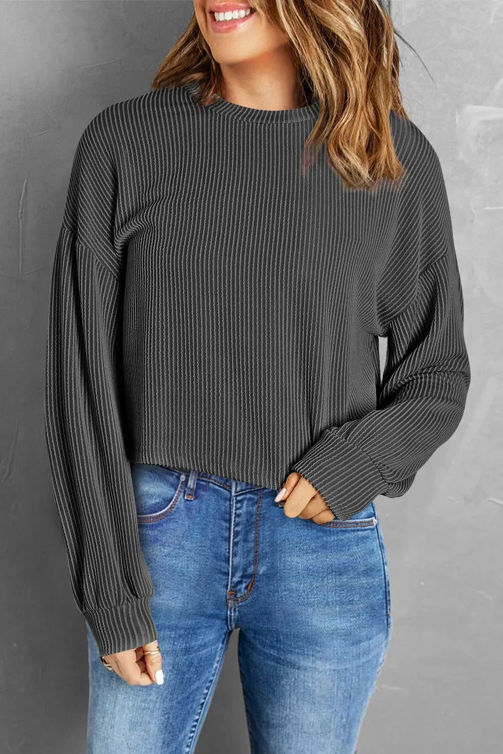 Round Neck Drop Shoulder Long Sleeve Top - VILLA FASHION
